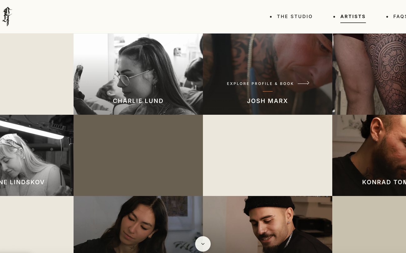 Prana Tattoo artists page designed by Parla