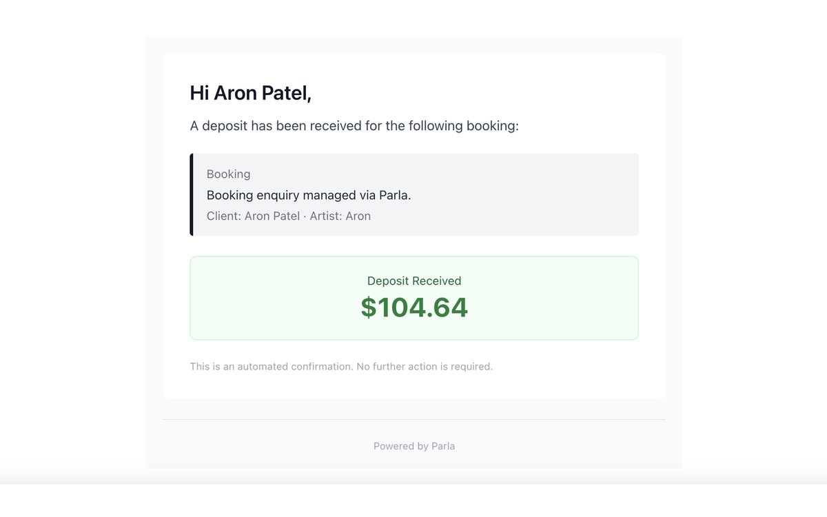 Deposit received confirmation from Parla’s secure checkout